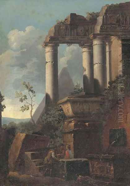 Classical ruins and a pyramid with figures conversing Oil Painting by Giovanni Ghisolfi