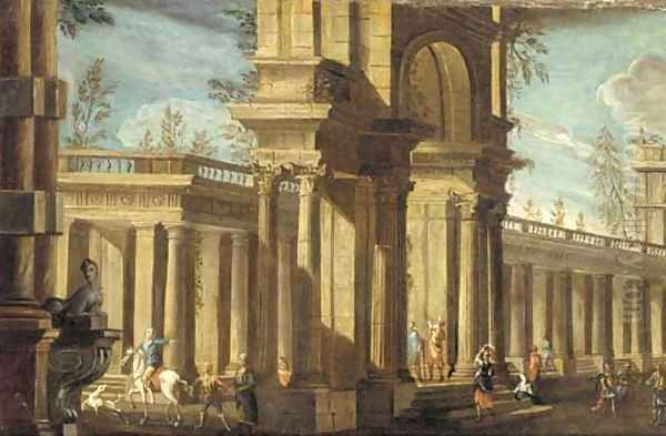 A capriccio of a classical palace with elegant figures Oil Painting by Giovanni Ghisolfi