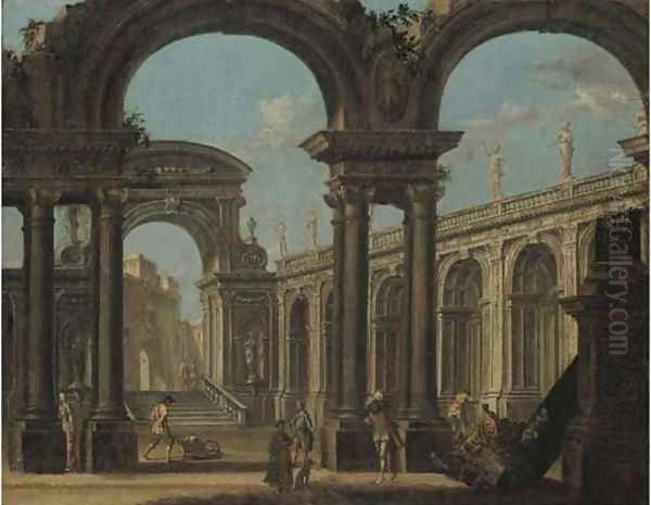 A capriccio of a classical palace with figures Oil Painting by Giovanni Ghisolfi