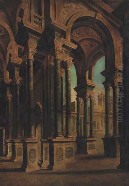 A Capriccio of an arcaded loggia Oil Painting by Giovanni Ghisolfi