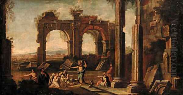 A capriccio of classical ruins with Christ at the Pool of Bethesda Oil Painting by Giovanni Ghisolfi