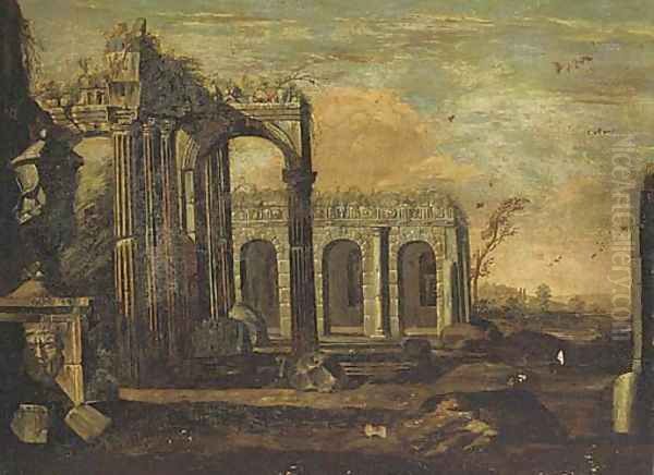 An architectural cappriccio of Roman ruins Oil Painting by Giovanni Ghisolfi