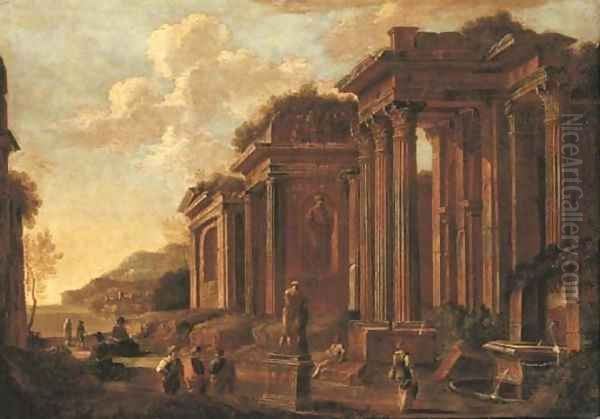 An architectural capriccio with figures by a statue and a fountain Oil Painting by Giovanni Ghisolfi