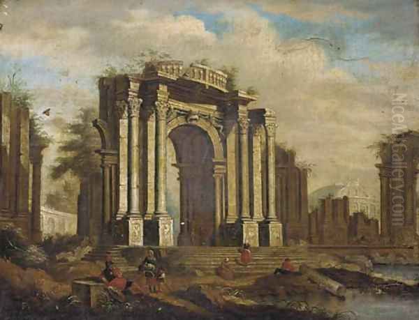 A capriccio of classical ruins with soldiers and other figures in the foreground Oil Painting by Giovanni Ghisolfi