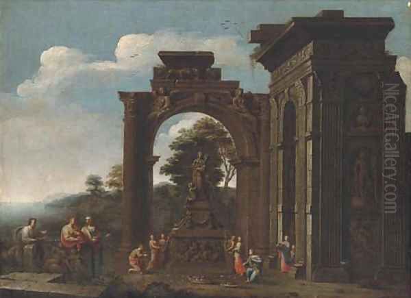 A capriccio of Roman ruins with classical figures adorning a shrine to Ceres Oil Painting by Giovanni Ghisolfi