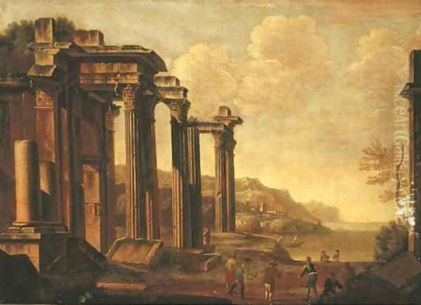 An architectural capriccio with figures by a cove Oil Painting by Giovanni Ghisolfi