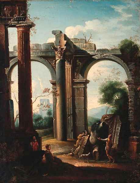 Grave diggers amongst classical ruins Oil Painting by Giovanni Ghisolfi