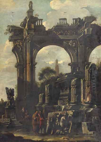 An architectural 'capriccio' with ancient ruins and two figures discussing a bass relief Oil Painting by Giovanni Ghisolfi