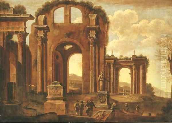 An architectural capriccio with figures amongst ruins Oil Painting by Giovanni Ghisolfi