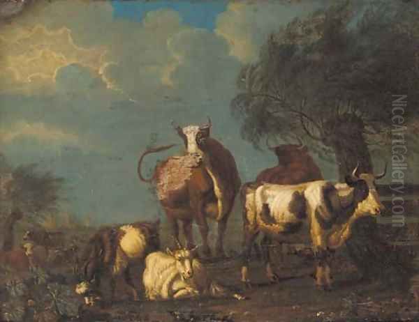 Cattle and goats in a pastoral lanscape, a village beyond Oil Painting by Jan van Gool