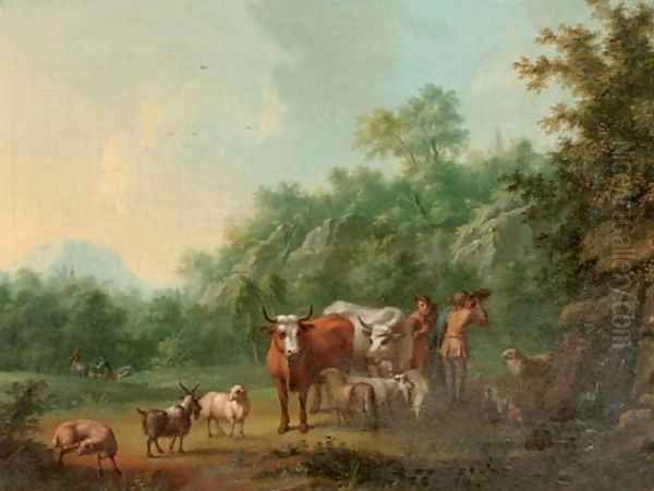 Peasants with cattle, goats and sheep resting near a waterfall in a wooded landscape Oil Painting by Jan van Gool