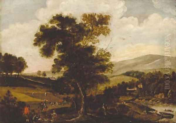 Peasants harvesting in a summer landscape Oil Painting by Abel Grimmer