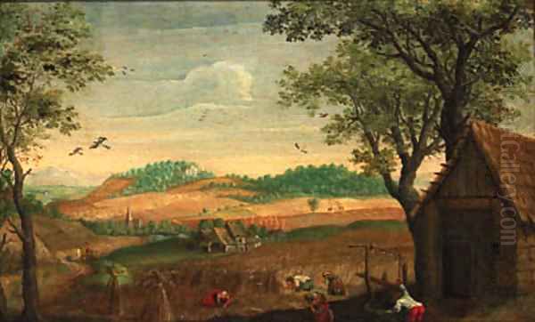 A harvest landscape with peasants toiling in a field, a farmstead beyond Oil Painting by Abel Grimmer