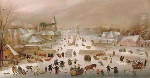 A winter landscape with skaters on a frozen river by a town Oil Painting by Abel Grimmer