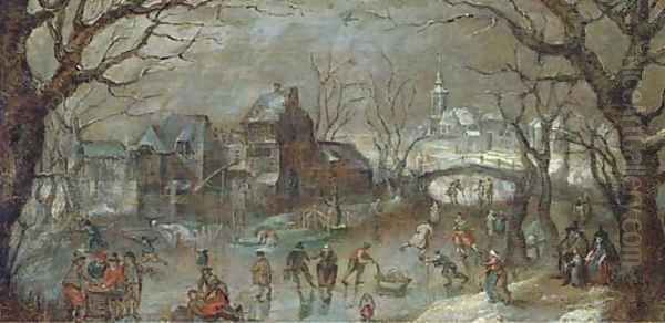 A winter townscape with skaters on a frozen lake Oil Painting by Abel Grimmer