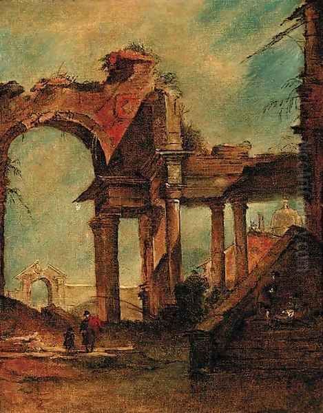 A capriccio of a ruined arch and colonnade, a dome beyond Oil Painting by Giacomo Guardi