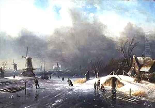 Skating on the Frozen River Oil Painting by Edouard George