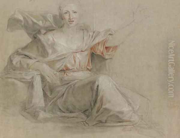 A seated woman, her left arm raised Oil Painting by Louis Galloche