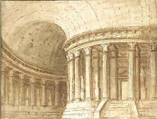 The interior of a circular classical temple Design for a stage set, possibly for La Fenice, Venice Oil Painting by Pietro Gonzaga