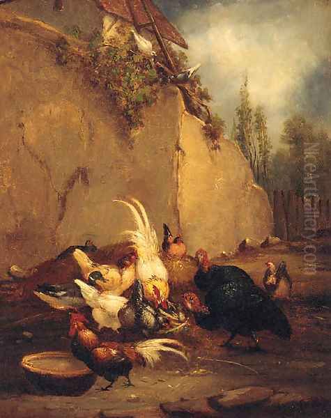 Chickens and Turkeys in a Farmyard Oil Painting by Claude Guilleminet