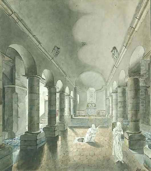 Two Ghosts appearing from a Tomb in the Crypt of a Romanesque Church Oil Painting by Jean-Joseph-Pascal Gay