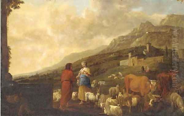 A shepherd and shepherdess with cattle, sheep and goats in a landscape, a village beyond Oil Painting by Anthonie Goubau