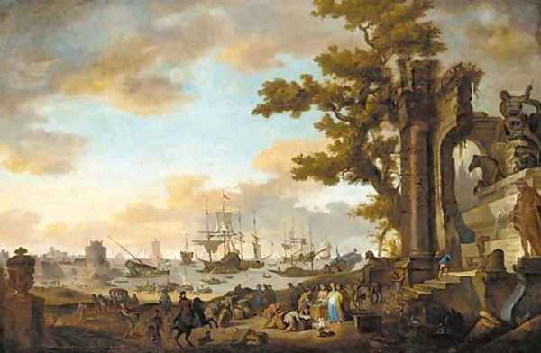 A Mediterranean coastal inlet with merchants by classical ruins Oil Painting by Anthonie Goubau