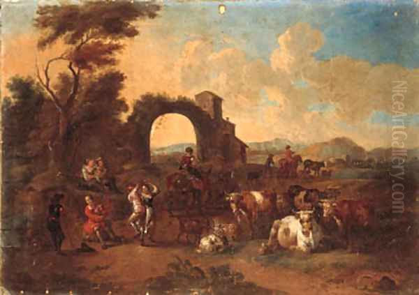 An Italianate landscape with drovers and cattle and peasants dancing Oil Painting by Anthonie Goubau