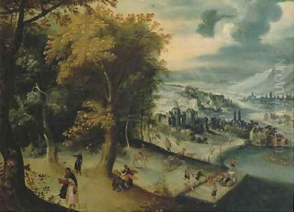 A mountainous river landscape with travelling pilgrims, towns beyond Oil Painting by Lucas Gassel