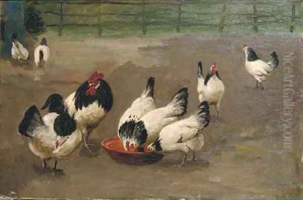 Chickens feeding Oil Painting by August Le Gras