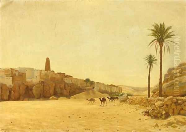 Camels before a North-African dessert village Oil Painting by August Le Gras