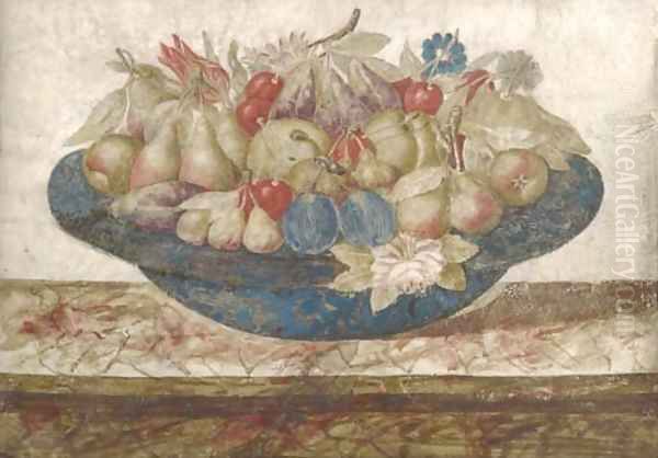 A dish of pears, plums, cherries and figs with a spray of flowers Oil Painting by Giovanna Garzoni