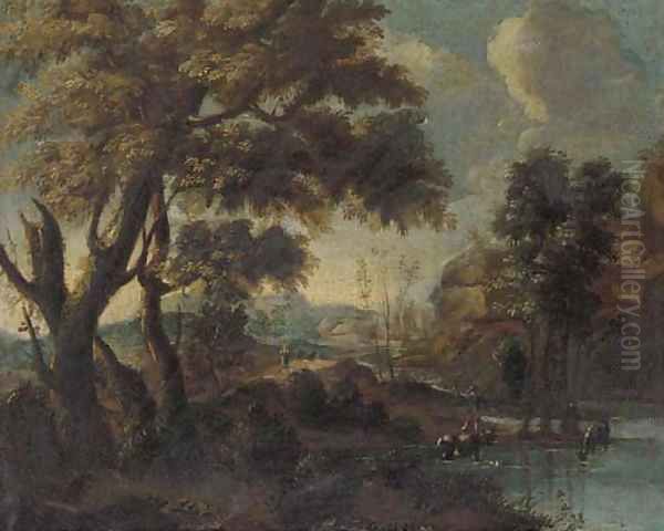 A mountainous river landscape with a herdsman watering his cattle Oil Painting by Giovanni Francesco Grimaldi