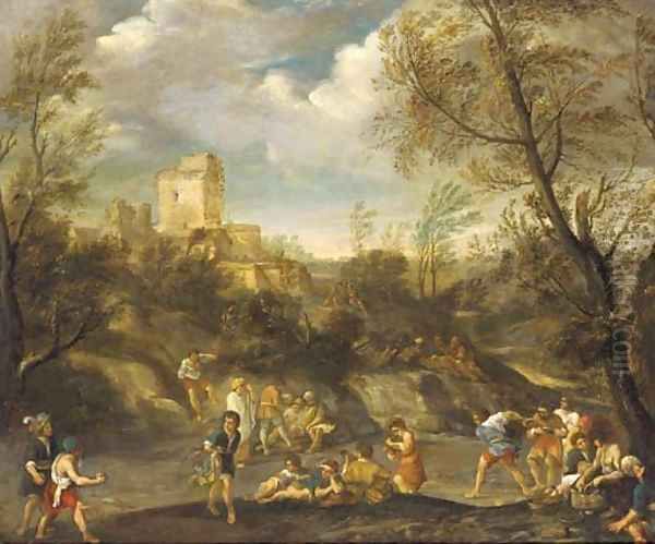 A wooded landscape with figures making merry Oil Painting by Giovanni Francesco Grimaldi