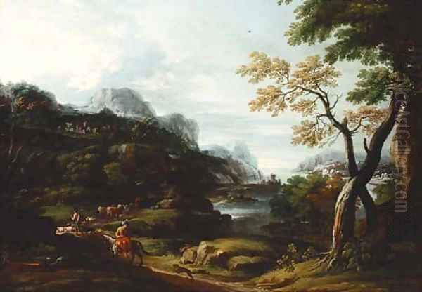 An Italianate landscape with drovers and cattle on a track Oil Painting by Giovanni Francesco Grimaldi