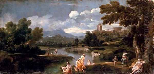 Figures bathing in an extensive river landscape Oil Painting by Giovanni Francesco Grimaldi