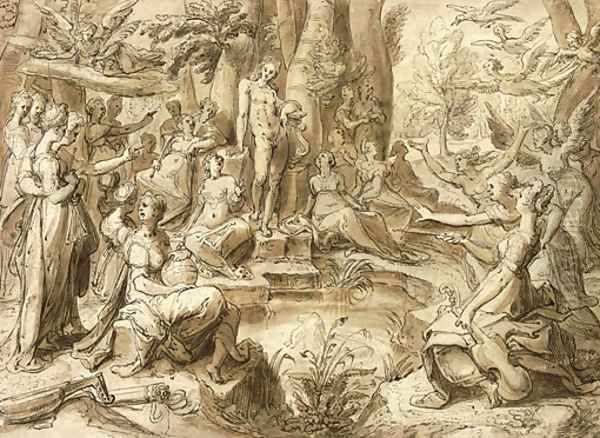 Apollo at the Castilian Spring, attended by the Muses and the Liberal Arts Oil Painting by Hendrick Goltzius