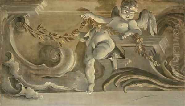 A cornice with a putti holding an olive branch; en grisaille Oil Painting by Jacopo Guarana