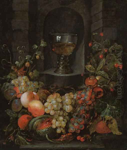 A roemer in a niche surrounded by a garland of grapes, apples, strawberries and other fruit Oil Painting by Jan Pauwel The Elder Gillemans