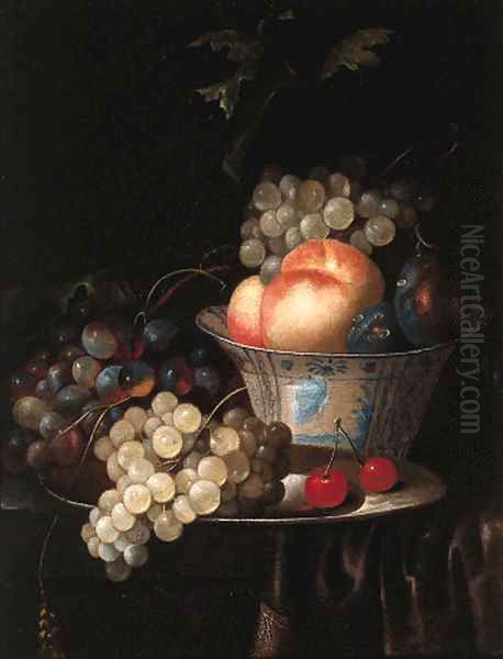 Peaches, plums and grapes in a Wan Li kraak porselein bowl Oil Painting by Jan Pauwel The Elder Gillemans