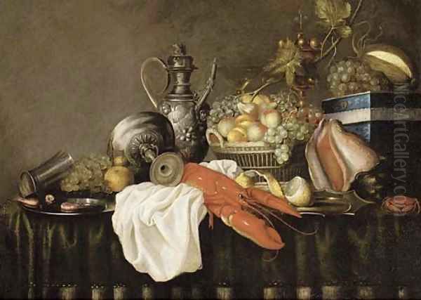 A lobster on a white cloth Oil Painting by Jan Pauwel The Elder Gillemans