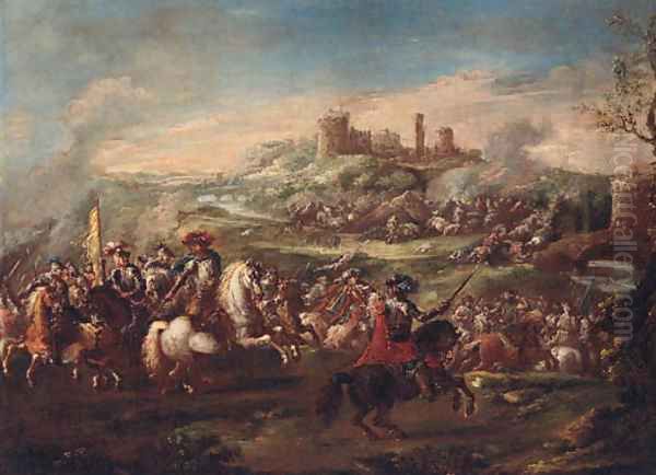 A cavalry battle before a fortified town Oil Painting by Pietro Graziani