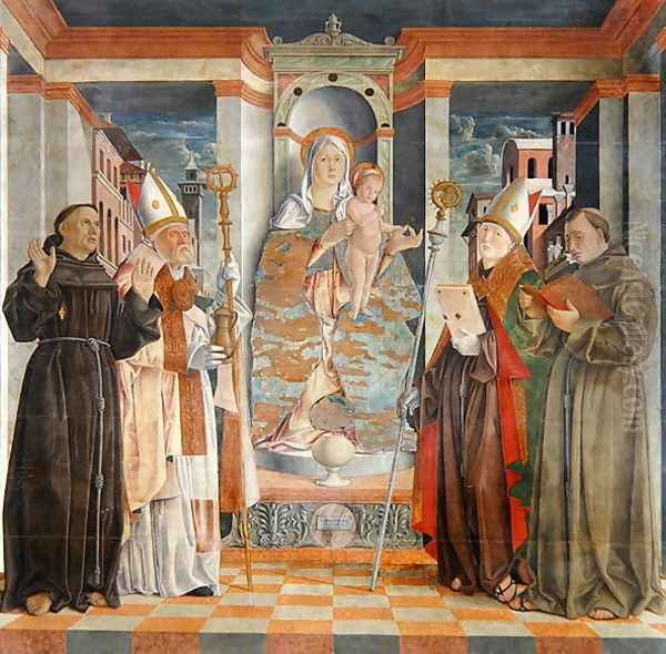 The Virgin Enthroned with a Franciscan Bishop and Saints Anthony Francis and Prosdocimo Oil Painting by da Treviso the Elder Girolamo