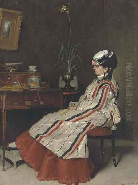 A Woman in a Striped Jacket at a Writing Desk Oil Painting by Henri Rene Gaume