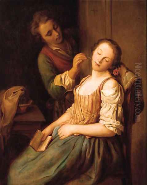 A young man teasing a sleeping woman Oil Painting by Ottilie Hornig Von Geyer