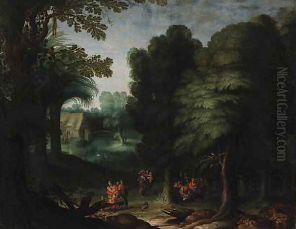 A wooded Landscape with Peasants feasting in a Clearing Oil Painting by Abraham Govaerts