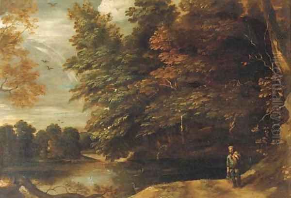 A river landscape with a fisherman on a path at the edge of a wood Oil Painting by Abraham Govaerts