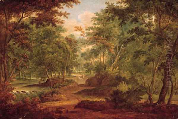 A traveller on a sandy track by a waterfall in a forest Oil Painting by Abraham Govaerts