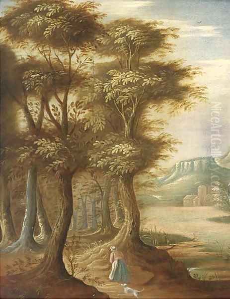 A wooded landscape with a woman and a dog on a track Oil Painting by Abraham Govaerts