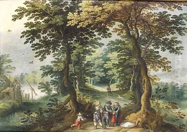 Bandits holding up a traveller on a path in a wood Oil Painting by Abraham Govaerts